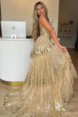 Gold Sequin Train Sweetheart A-Line Lace Long Prom Dress With Tiered Tulle Split Formal Evening Gown