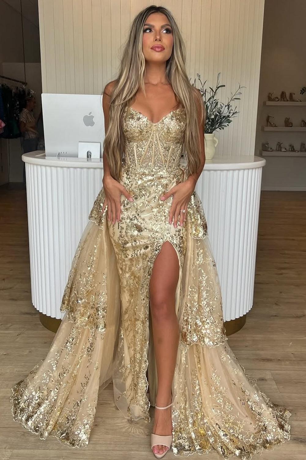Gold Sequin Train Sweetheart A-Line Lace Long Prom Dress With Tiered Tulle Split Formal Evening Gown