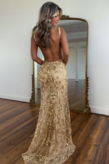 Gold Sequin V-Neck Mermaid Prom Dress With Open Back And High Slit Formal Evening Gown