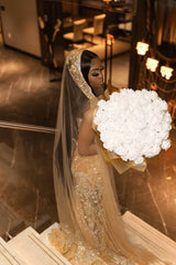 Gold Mermaid Prom Dress Beaded Sweetheart Tulle Formal Evening Dress with Slit and 3D Flowers