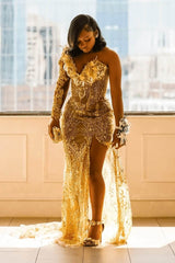 Gold Sweetheart Prom Dress Tulle Mermaid Formal Evening Dress with Beadings and Rhinestones