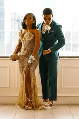 Gold Sweetheart Prom Dress Tulle Mermaid Formal Evening Dress with Beadings and Rhinestones