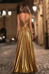 Elegant Gold Metallic Pleated V-Neck A-Line Long Prom Dress With Slit