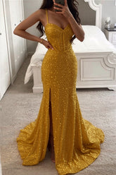 Golden Mermaid Prom Dress Sequin Corset Spaghetti Straps Evening Dress