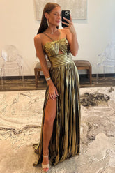 Golden Prom Dress A Line Backless Long Evening Dress With Slit