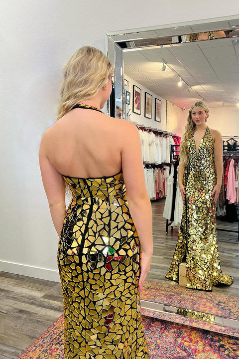 Golden Prom Dress Mirror Halter Long Evening Dress With Slit