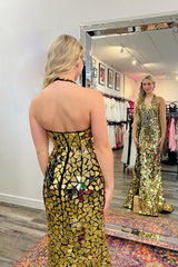 Golden Prom Dress Mirror Halter Long Evening Dress With Slit