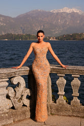 Golden Prom Dress Strapless Beaded Sheath/Column Prom Formal Dress