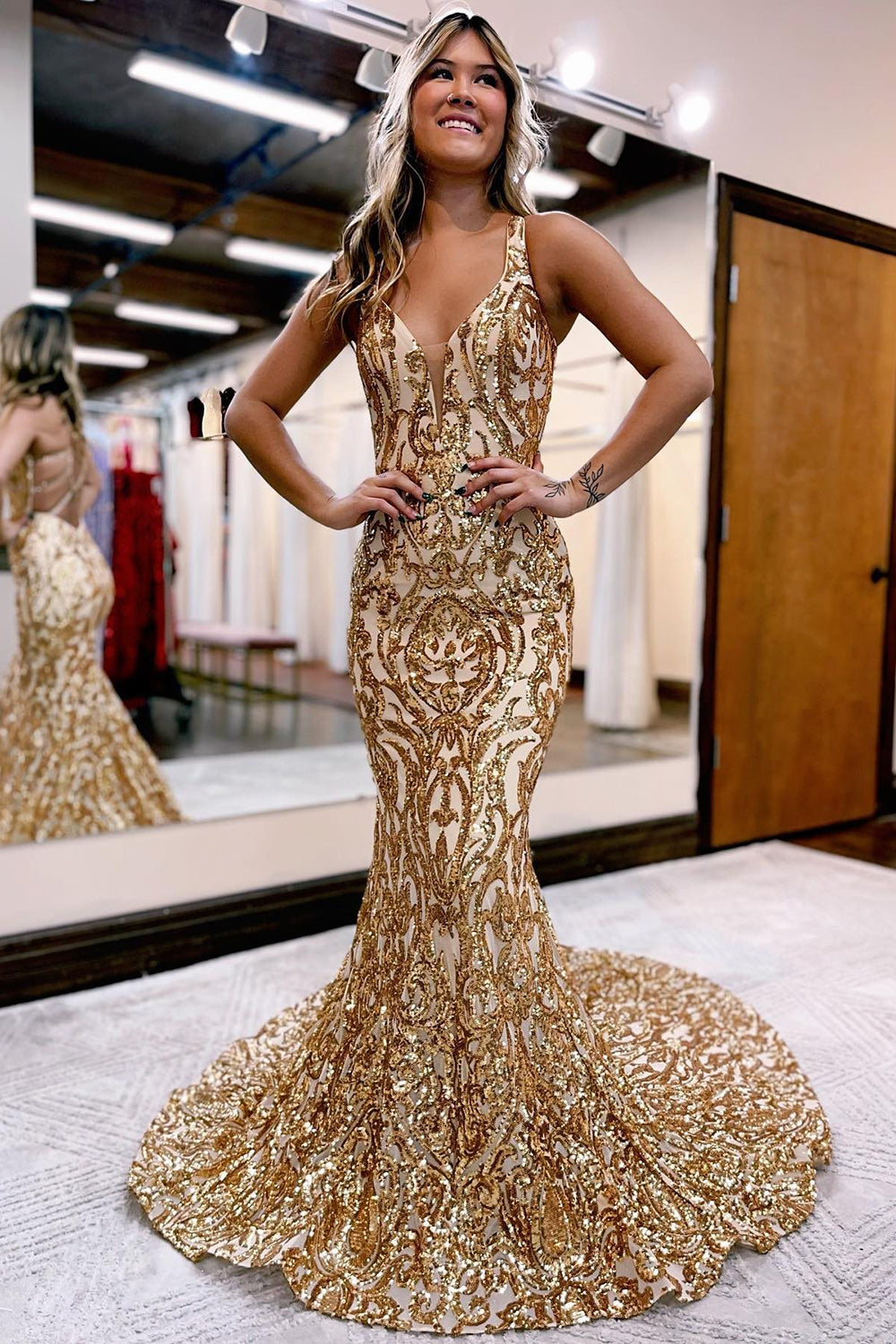 Golden Sequined Mermaid Prom Dress V Neck Evening Dress Dreamyannie UK Golden Sequined Mermaid Prom Dress V Neck Evening Dress Dreamyannie UK