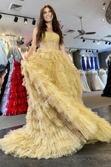 Golden Strapless A Line Prom Dress Tulle Long Tiered Evening Dress