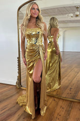 Golden Strapless Prom Dress Mermaid Mirror Ruched Long Evening Dress with Slit