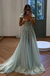 Gorgeous A Line Sweetheart Light Green Long Prom Dress With Appliques Formal Evening Gown