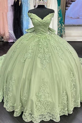 Gorgeous Ball Gown Off Shoulder Lace Appliques Sage Green Tulle Sweep Train Quinceanera Dress For Sweet 16