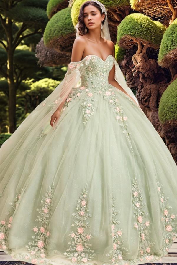 Dreamyannie UK Gorgeous Ball Gown Off Shoulder Sleeveless 3D Flower Appliques Lace Up Light Green Tulle Quinceanera Dress Birthday Party Gown For Sweet 16 Dreamyannie UK Gorgeous Ball Gown Off Shoulder Sleeveless 3D Flower Appliques Lace Up Light Green Tulle Quinceanera Dress Birthday Party Gown For Sweet 16