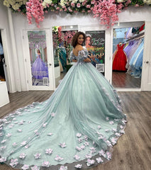 Gorgeous & Glamorous Ball Gown Off Shoulder Puff Sleeves 3D Flowers Lace Appliques Beaded Blue Tulle Quinceanera Dress Formal Evening Gown For Sweet 16