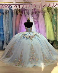 Gorgeous & Glitter Ball Gown Strapless 3D Floral Flowers Lace Applique Bow Knot Light Blue Quinceanera Dress Birthday Party Gown For Sweet 16