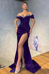 Gorgeous High Split Off The Shoulder Dark Green Sparkle Beaded Mermaid Prom Dress
