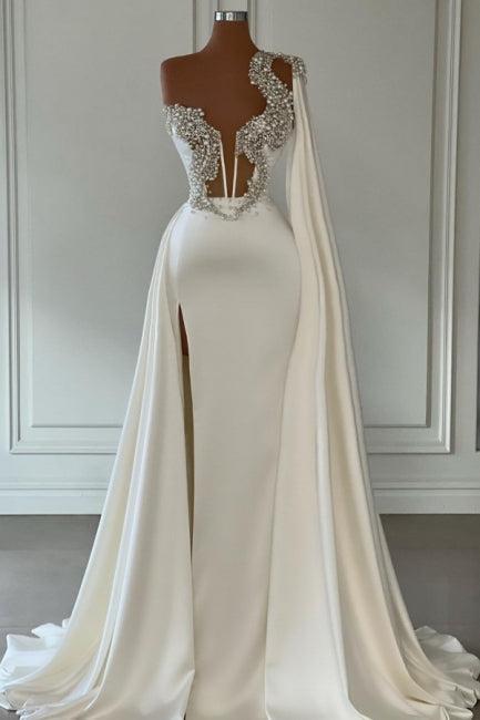 Gorgeous Ivory A Line One Shoulder Graduation Dress Long Glitter Wedding Dress With Split