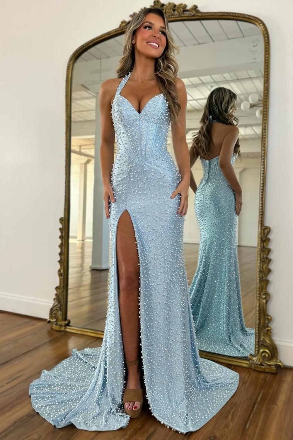 Gorgeous Light Blue Beaded Halter Mermaid Prom Dress With Pearls And Slit Formal Evening Gown