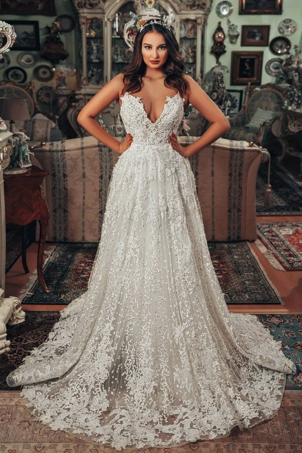 Gorgeous Long A Line V Neck Wedding Dress with 3D Floral Lace