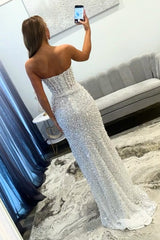 Gorgeous Luxury White Pearls Strapless Mermaid Prom Dress With Slit Formal Evening Gown