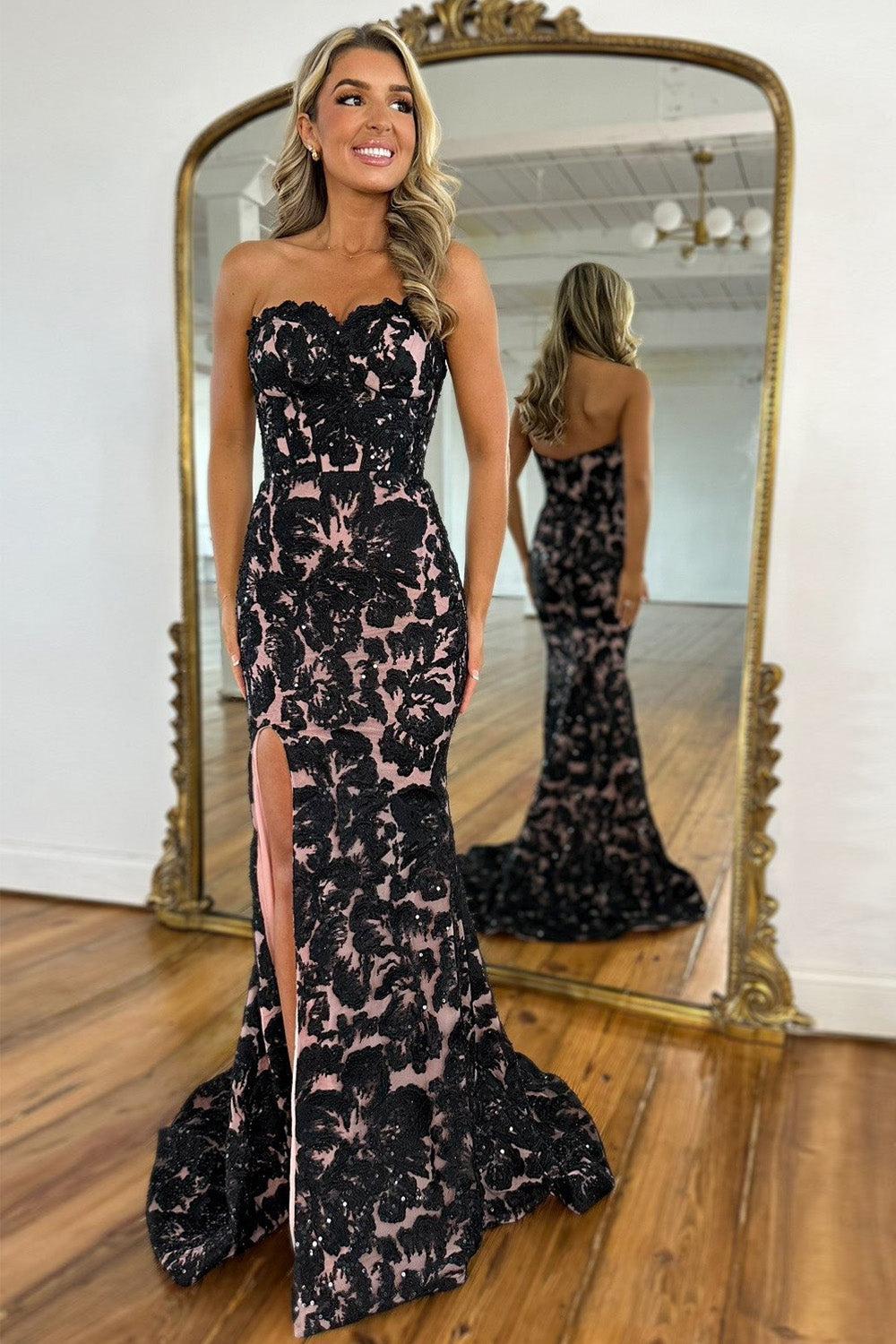 Gorgeous Mermaid Sweetheart Black Long Prom Dress With Appliques Slit Formal Evening Gown