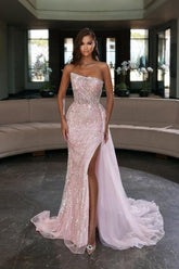 Gorgeous Pink Sequins Sleeveless Long Mermaid Prom Dress Split