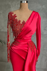 Gorgeous Red Long Sleeve Mermaid Prom Dress Lace Appliques Prom Gown Ruffles