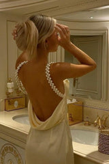 Gorgeous Sheath Spaghetti Straps Yellow Long Party Dress With Pearl Backless Formal Evening Gown