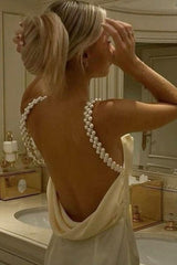 Gorgeous Sheath Spaghetti Straps Yellow Long Party Dress With Pearl Backless Formal Evening Gown