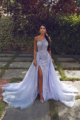 Gorgeous Tulle Sleeveless Appliques Prom Dress Lilac Evening Gowns