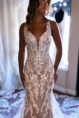 Gorgeous White and Champagne Beach Wedding Dress V Neck Mermaid Lace Bridal Dress
