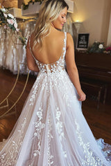 Graceful Ivory A-Line V-Neck Backless Long Lace Beach Wedding Dress