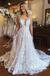 Graceful Ivory A-Line V-Neck Backless Long Lace Beach Wedding Dress