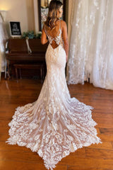 Graceful Ivory Mermaid Open Back Long Lace Beach Wedding Dress