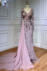 Gray Mermaid Prom Dress Long Sleeve V Neck Evening Dress With 3D Flowers