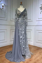 Gray Mermaid Prom Dress Long Sleeve V Neck Evening Dress With 3D Flowers