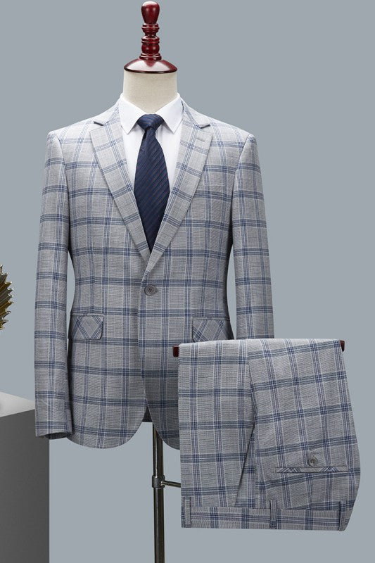 Gray Plaid 2 Piece Notched Lapel Business Suit for Men