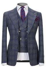 Gray Plaid Three Piece Peaked Lapel Business Suit for Men