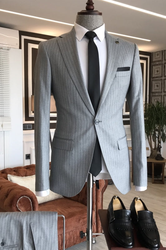 Gray Striped Notched Lapel 2 Piece Newest Business Suit