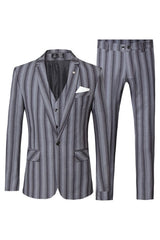 Gray Striped Notched Lapel 3 Piece Business Suit