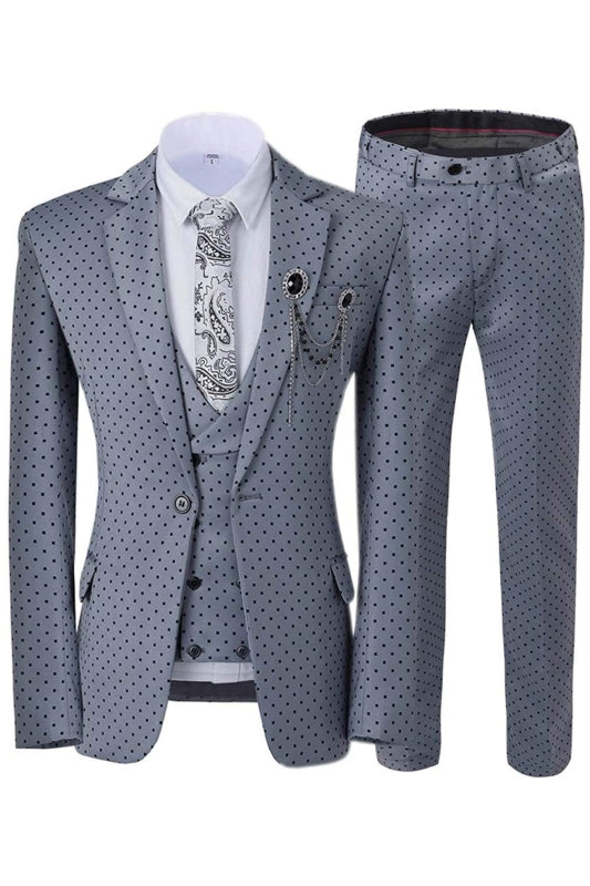 Gray Three Piece Notched Lapel Prom Suit with Black Dot