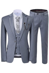 Gray Three Piece Notched Lapel Prom Suit with Black Dot
