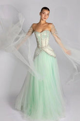 Green A Line Prom Dress Long Sleeve Sweetheart Beaded Evening Dress