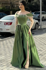 Green A Line Prom Dress Off the Shoulder Beaded Evening Dress