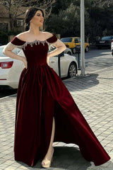 Green A Line Prom Dress Off the Shoulder Beaded Evening Dress