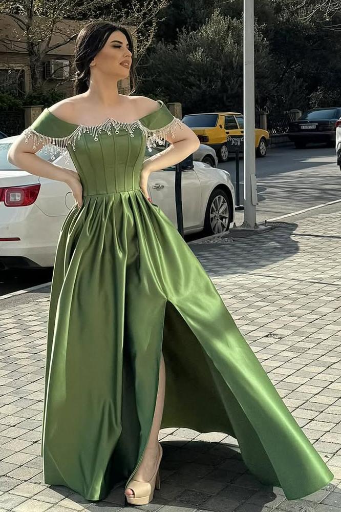 Green A Line Prom Dress Off the Shoulder Beaded Evening Dress