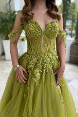 Green A Line Prom Dress Off the Shoulder Evening Dress With Lace Appliques