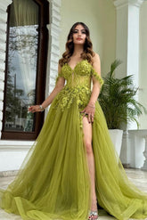 Green A Line Prom Dress Off the Shoulder Evening Dress With Lace Appliques