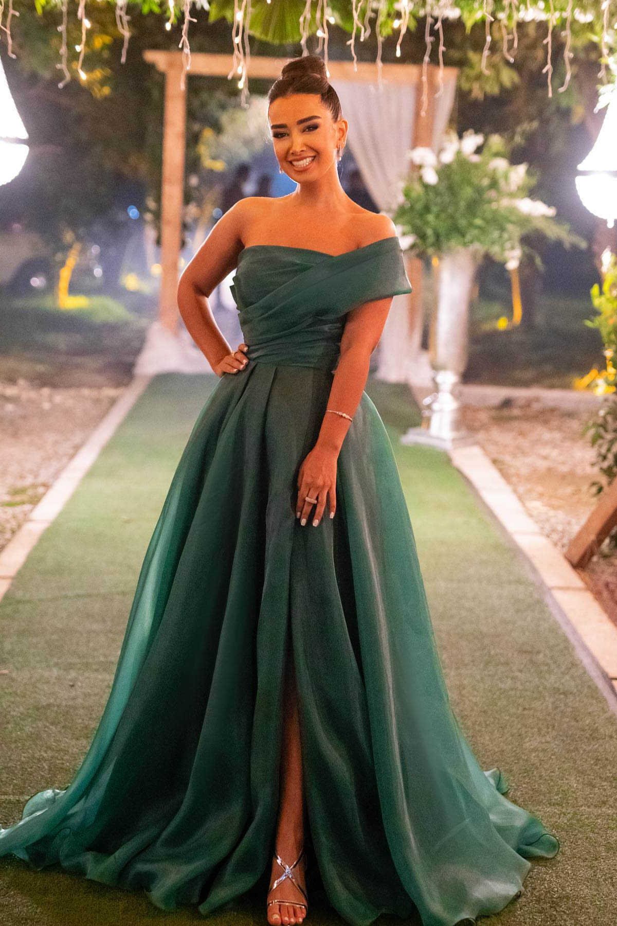 Green A Line Prom Dress One Shoulder Organza Evening Dress
